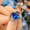 Anillo Abierto Cuadrado Artdeco de Diamante de Alto Carbono Zafiro Azul Real Anillo de Cristal Azul Puntiagudo de Lujo Ligero de Alta Gama para Mujer
