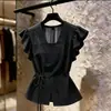 Nova Camisa Feminina de Verão Manga Curta Estilo Chinês Vento Nacional Cintura Marcada Emagrecedora Estilo Preguiçoso Top