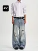 Jeans Azules Lavados Estilo Retro Americano Fengmei para Hombres y Mujeres Sueltos Estilo Callejero Diseño Desgastado Casual Pierna Recta Pierna Ancha Pantalones