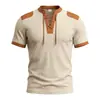 Sitio Independiente de Comercio Exterior Talla Europea Camiseta de Verano Bloques de Color Cordón Waffle Holgado Casual Top Camiseta de Manga Corta para Hombre