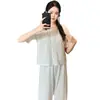 6535 Pijama de Algodão para Mulheres Primavera e Verão Novo Estilo Doce e Fresco Floral Manga Curta Calça Longa Modelagem Solta Conjunto de Roupa de Casa para Menina