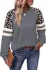 Sudadera cruzada europea y americana para mujer, estampado de leopardo, bloques de color, manga larga, corte holgado, nuevo jersey de cuello redondo para primavera y otoño