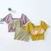 Camiseta de cintura alta para mujer, expone el ombligo, manga corta, copa, una pieza, cuello cuadrado, ropa interior, top ajustado con base y almohadilla de soporte