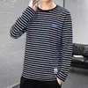 Estoque de Fábrica Estilo Coreano Simples Listrado Tendência Camiseta Gola Redonda Estilo Primavera e Outono Roupas Camiseta de Manga Longa Top Masculino