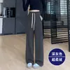 Calça Larga de Lã de Cordeiro Sintética Preta para Mulheres, Novo Estilo Outono/Inverno 2026, Chenille Espessado e Forrado com Lã, Calça Reta Casual Emagrecedora