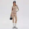 Conjunto de Roupa de Yoga Ajustada Estilo Europeu e Americano Transfronteiriço, Jaqueta Esportiva de Manga Longa com Zíper de Primavera, Calça Longa Flare de Fitness e Yoga Feminina