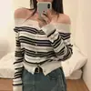 Atualização do tamanho do envio Moda coreana chique verão novo estilo estilo coreano top de tricô listrado de um ombro 16363