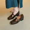 Aumento de Altura Interior ~ Zapatos Mary Jane Cuadrados de Tacón Alto Retro Zapatos Pequeños de Cuero Hebilla de Una Sola Tira Boca Baja Francesa Suela Suave Zapatos de Primavera Individuales