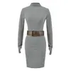 Vestido Elegante de Manga Larga con Cuello Alto para Mujer, Ceñido a la Cintura, Adelgazante, con Cinturón, Vestido Corto Elegante, Vestido Bodycon Ajustado Sexy