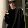 Moletom preto pesado estilo americano para homens, espessado para outono e inverno, camiseta de manga longa sem capuz, camiseta base juvenil para camada interna