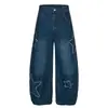 Jeans Retro Americano com Patch de Estrela e Cimitarra para Mulheres 2025 Novo Largo Reto Desgastado Lavado Calças de Perna Larga