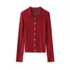 26 Nuevo Top de Otoño Temprano para Mujer con Cuello Polo y Textura de Raya Vertical Cárdigan de Lana de Punto Fino