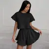 2026 Nuevo Producto Conjunto de Dos Piezas de Pijama Casual de Punto de Color Sólido con Volantes de Manga Corta Ropa de Casa Suave para Mujer
