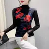 Ropa europea para mujer 2023 otoño e invierno moderna estilo occidental manga larga cuello alto malla camiseta mujer posicionamiento flor Top Disparo real