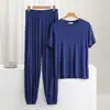 Traje de Leggings de Algodón Ligero con Cuello en V y Mangas Cortas para Hombre, Conjunto de Dos Piezas de Color Puro, Delgado, Holgado, Casual para el Hogar, Verano