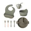 Prato de Jantar de Silicone para Bebê, Tigela de Alimentação Infantil com Ventosa, Louça Anti-Queda e Anti-Vazamento, Garfo e Colher para Suplemento Alimentar de Bebê, Prato Dividido