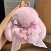 Fofo Real Pelo de Coelho Rex Laço Pérola Coelho Chaveiro de Carro Pingente Boneca de Pelúcia Mochila Pingente