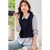 Otoño 2025 Nuevo Estilo Coreano Moda Lazy Simple Patchwork Chaleco de Punto Falso Dos Piezas Camisa Única de Manga Larga para Mujer