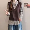 Tamanho Plus Size Retrô Literário Falso Duas Peças Gola Lapela Manga Longa Feminino Outono 2026 Novo Patchwork Xadrez Top com Gola Polo