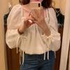 Otoño 2023 Nueva Camisa Coreana Retro Reductora de Edad Dulce y Juguetona para Niña con Cordón de Ajuste de Cintura Alta