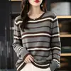 Suéter de punto de algodón puro para mujer, con cuello redondo, bloques de color, multirayas, de manga larga, corte holgado, adecuado para primavera y otoño, cómodo contra la piel, ideal para usar en capas.