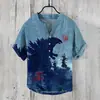 Camisa Polo de Hombre con Cuello en V Estampado Digital 3D, Lino de Bambú, 3 Materiales, Botones, Estilo Ukiyo-e Japonés, Transpirable y que Absorbe la Humedad