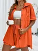 Traje de dos camisas de color liso y shorts de moda transfronterizos AliExpress 2024 para mujer, casual, holgado, de manga corta, de un solo pecho