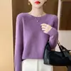 Amigável à pele, 100% respirável, suéter de malha feminino clássico de gola redonda de primeira linha, estilo outono/inverno de lã, rosa elegante