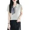 Camiseta de punto Tencel con cuello polo de manga corta para mujer, Top de verano con bloque de color y cinta de seda, Prenda básica holgada de media manga