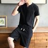 Traje casual de algodón y lino 2023 para hombre, camiseta de manga corta, verano, nuevo, juvenil, color sólido, cuello en V, camiseta, shorts, conjunto de dos piezas