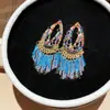 ¡Luz azul brillante! Pendientes de borla con forma de gota de agua tachonados de diamantes de colores, pendientes vintage de estilo étnico, pendientes de lujo ligero de alta gama para mujer