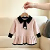 Vestido Suéter de Punto Estilo Academia para Niñas Otoño Invierno Nuevo Bufanda para Bebé Vestido Princesa Plisado de Punto con Cuello Invertido