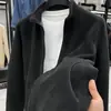 Jaqueta de fleece masculina, fleece dupla face, cor sólida, moletom de abertura frontal, jaqueta de inverno masculina quente e casual com gola alta