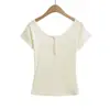 Top Corto Adelgazante de Verano Versátil de Manga Corta con Hombros Descubiertos para Mujer Estilo Bm Nuevo Camiseta de Manga Corta de Color Sólido con Botones Hombros Descubiertos