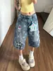 Jeans de Mezclilla Estampados Patchwork con Forma de Estrella Retro Americano para Mujer, Verano Ajuste Holgado, Adelgazantes de Calle Rectos de Pierna Ancha Acortados