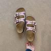 Sapatos Birkenstock Versáteis de Sola Grossa Retrô para Uso Diário Feminino, Chinelos Planos Confortáveis Versáteis de Couro Macio com Bico Redondo