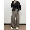 Calça Xadrez de Cor Café Estilo Preguiçoso Primavera e Verão Retrô Americano Perna Larga para Mulheres, Casual Solta Reta Emagrecedora Tendência Comprimento Total