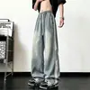 Calça Jeans Listrada Tingida com Lama Amarela para Homem, Calça Larga Lavada Estilo High-Street Americano de Outono, Calça Casual Tendência de Corte Reto Solto