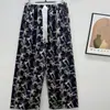 Calça de Pijama de Seda de Algodão para Mulheres, Estilo Fino para Primavera e Verão, Tamanho Grande, Caimento Solto, Calça de Perna Larga de Algodão Artificial, Pode Ser Usada Fora de Casa, Versátil, Cintura Alta, Leve