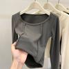 Top Térmico de Gola Quadrada para Mulheres, Outono e Inverno, Design Único, Top Curto Espinha de Peixe, Ajuste Slim, Camiseta Quente de Manga Comprida, Estilo Ins