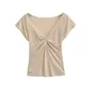 Elegante Camiseta de Color Avena con Cuello en V y Mangas Retorcidas para Mujer, Cintura Ajustada de Verano, Top Ajustado Sorprendentemente Hermoso con Línea de Hombro Perfecta