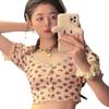 2025 Nueva Camiseta Corta de Verano Dulce y Linda de Estilo Japonés con Cuello Cuadrado y Manga Abullonada, Retro Floral, Top con Ombligo Descubierto