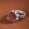 Ciervo Dorado Rey Pie Plata Vintage Artesanía Plata Vieja Flor Ágata Roja Bambú Anillo Abierto Dedo Anillo Mujer