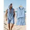 Conjunto europeo de verano para hombre sin mangas con capucha, de algodón y lino, top y shorts para hombre, atuendo casual holgado para vacaciones