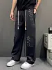 Jeans de Diseño Exclusivo con Estampado de Salpicaduras y Cordón en la Cintura, Rayas Grises, Pantalones Casuales Holgados Rectos de Calle Alta Americana para Primavera y Otoño