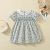 Vestido Retro de Manga Corta con Cuello de Muñeca Estampado para Niñas de Verano Transfronterizo, Elegante Vestido Azul Floral de Manga Corta