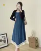 Vestido de Verano 2024 para Mujeres Embarazadas Shermev, Moda Francesa para Vacaciones, Costura de Borlas, Vestido de Tirantes de Mezclilla