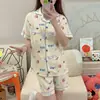 Pijama de Algodão Bolha Novo Estilo Cardigã Feminino Verão Calça Manga Curta Estilo Popular do Instagram Tecido Amassado Conjunto Estudante Roupas de Casa