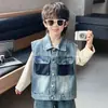 Chaleco de Mezclilla con Bolsillo de Color Patchwork para Niños de Primavera y Otoño Estilo Coreano Chaqueta sin Mangas Moderna Fresca para Niños Pequeños y Niños Pequeños
