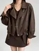 Jaqueta de couro feminina estilo europeu e americano, gola virada curta, jaqueta biker, nova jaqueta de couro slim fit para primavera e outono de 2026